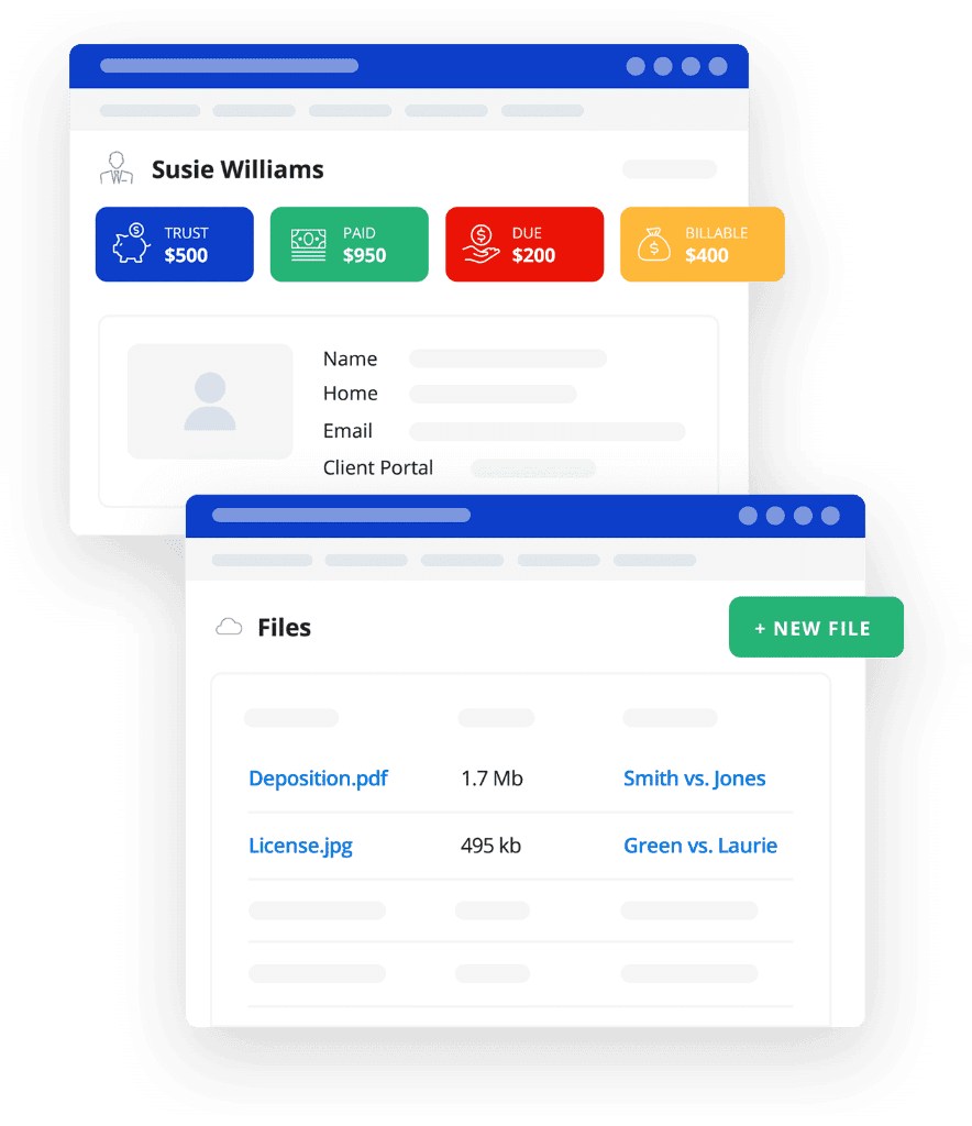 Law practice management software platform interface showing client trust accounting and document vault